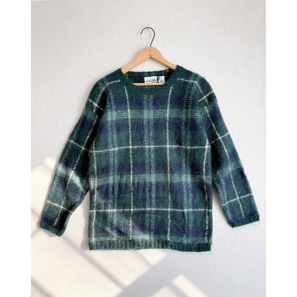 Paul Harris Design Vintage Mohair Blend‎ Plaid Sweater Green Blue Fuzzy Small